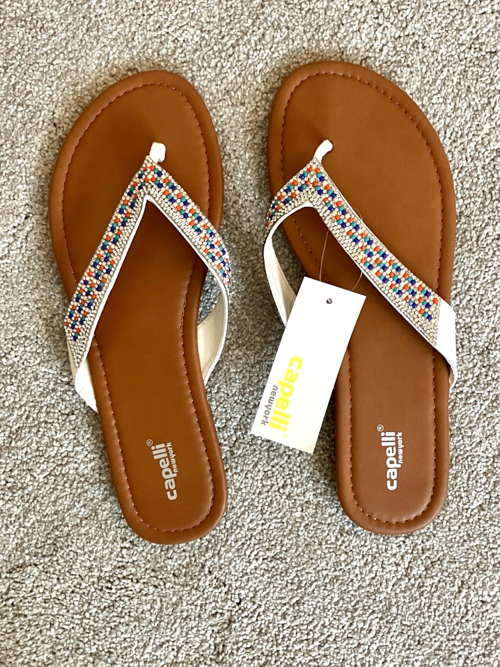 Capelli of New York Tan Sandal with Multicolor Beaded Straps
